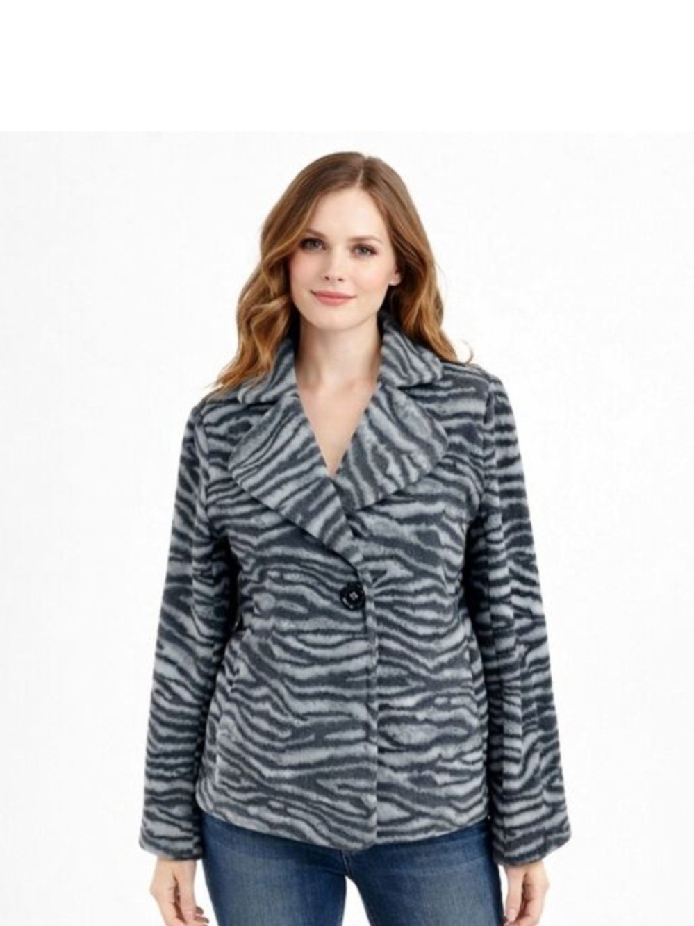 SUSAN GRAVER Gray Zebra-Print Fleecr Jacket Sz L